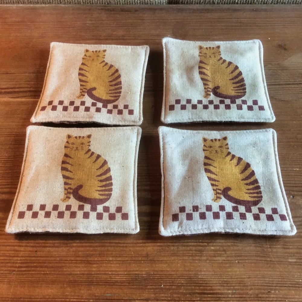 Vintage Orange Tabby Cat Scented Mug Mat Coasters Plaid Backing Set of 4